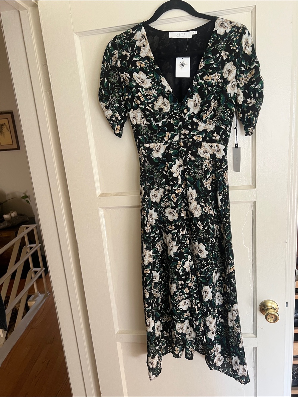 Astr Floral Midi Dress in Black, Cream, and Green